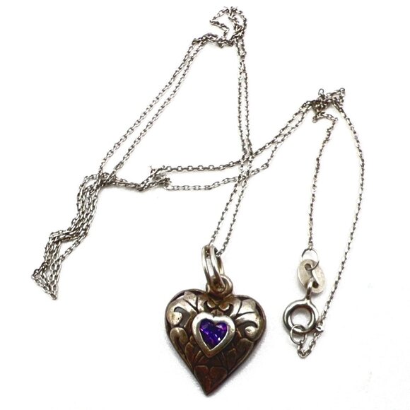 Vintage Sterling Silver Heart Pendant Necklace Purple Stone & Intricate Design - Picture 2 of 11